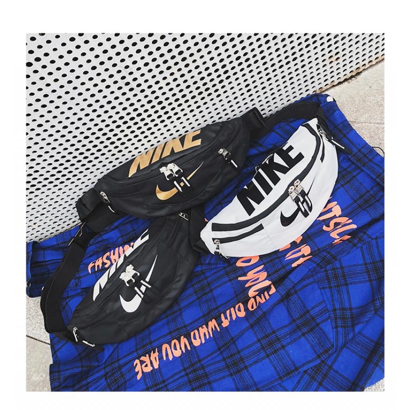 NIKE Black blue sling bag thin shoulder strap waist bag, large letter waist sling, two-way zipper men's bag, women's bag, school