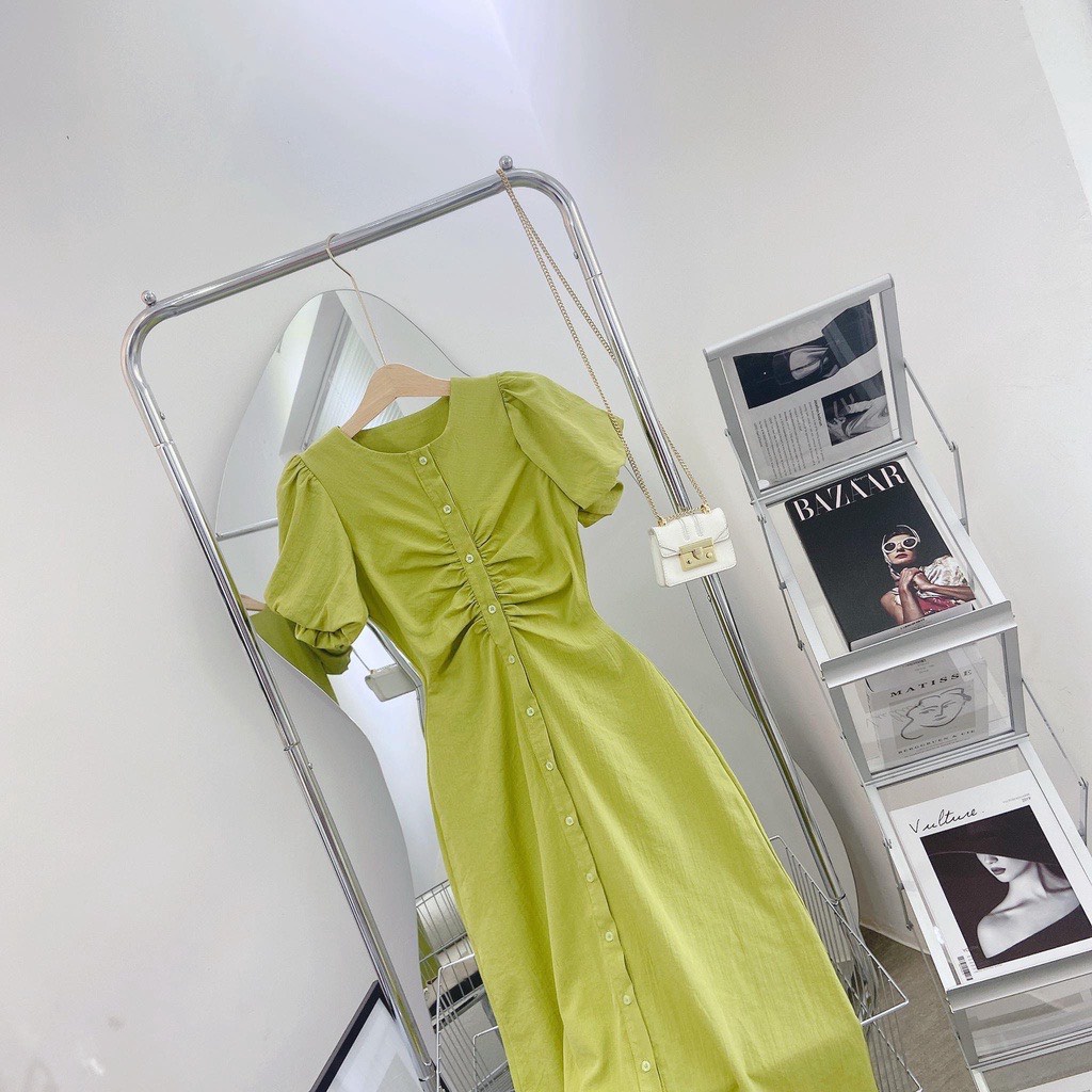 Đầm Thiết Kế Tay Bồng Nhún Eo Dáng Dài Tôn Dáng