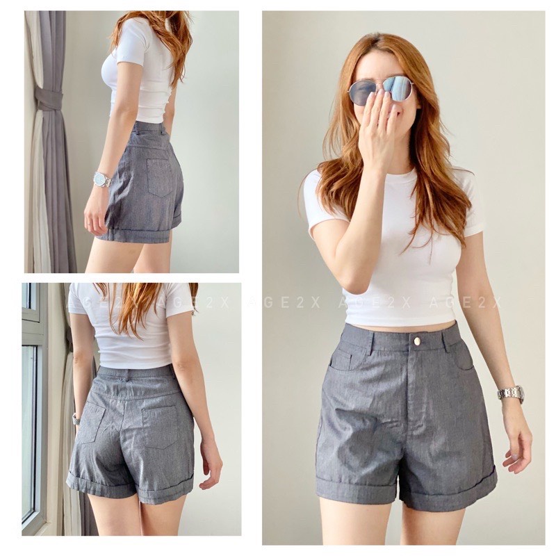 Quần short nữ Lưng Cao, ống rộng Chính Hãng AGE2X, Tôn Mông Tôn Chân Cực Đỉnh, chất kaki mềm mát