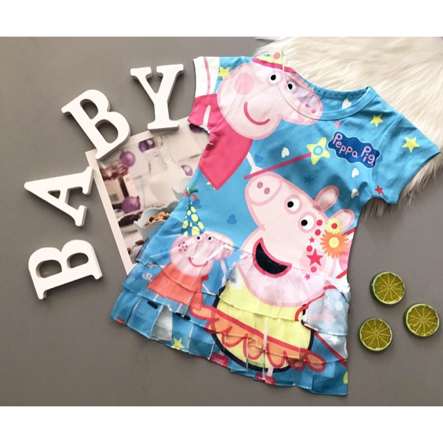 Đầm 3 tầng heo peppa thun lạnh thái in 3D bé gái 10-45kg