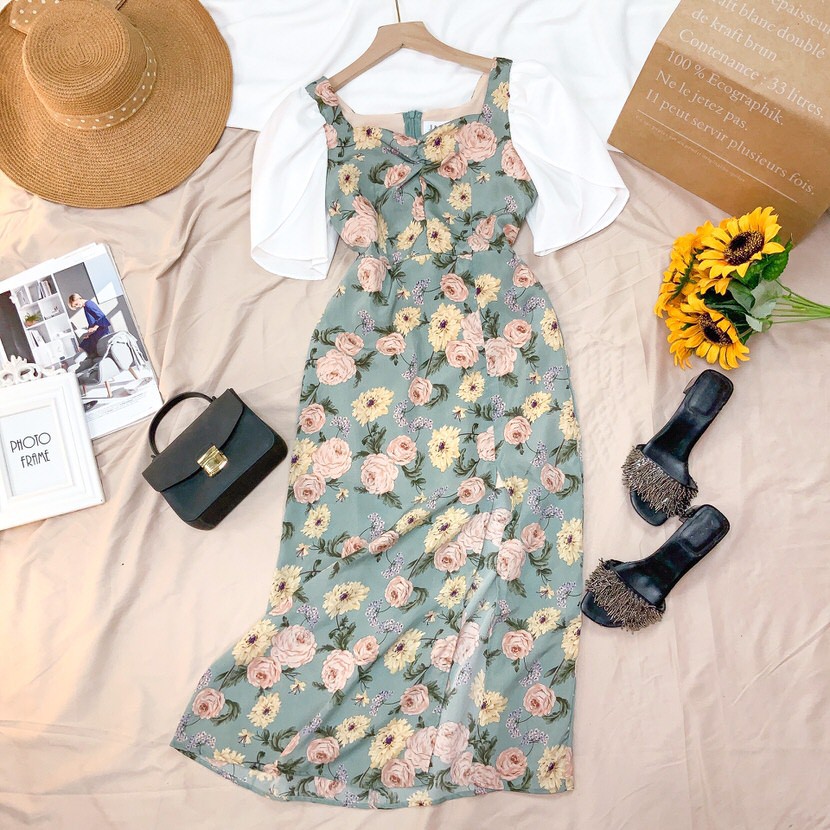 Đầm hoa hồng vintage MIMIX váy cổ u xẻ chân phối tay trắng đắp chéo dịu dàng AO3185 | BigBuy360 - bigbuy360.vn