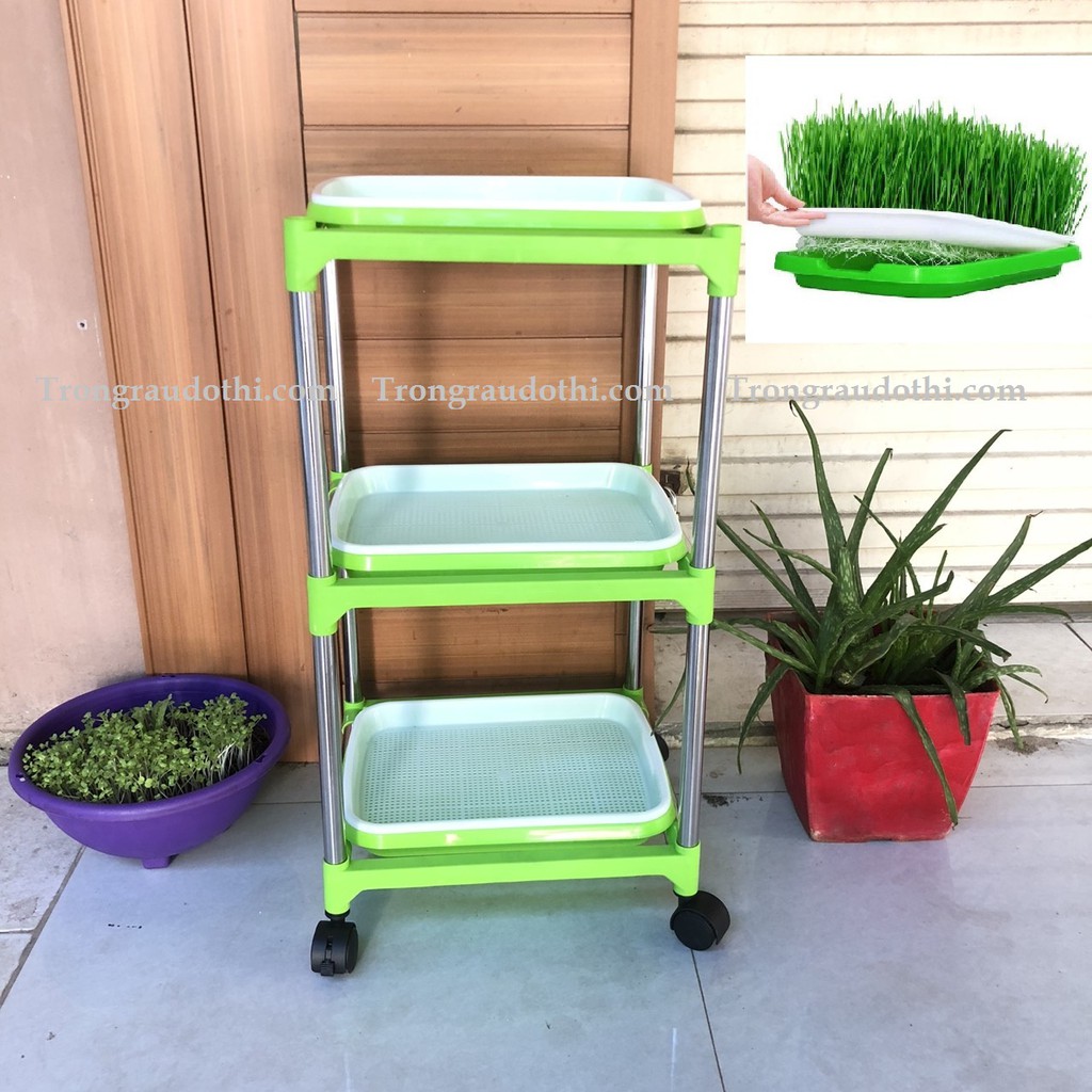 (TẶNG VÒI XỊT VÀ 200GRAM HẠT RAU MẦM ĐẬU HÀ LAN) Bộ chậu kệ trồng rau mầm lắp ghép 3 tầng 3 chậu