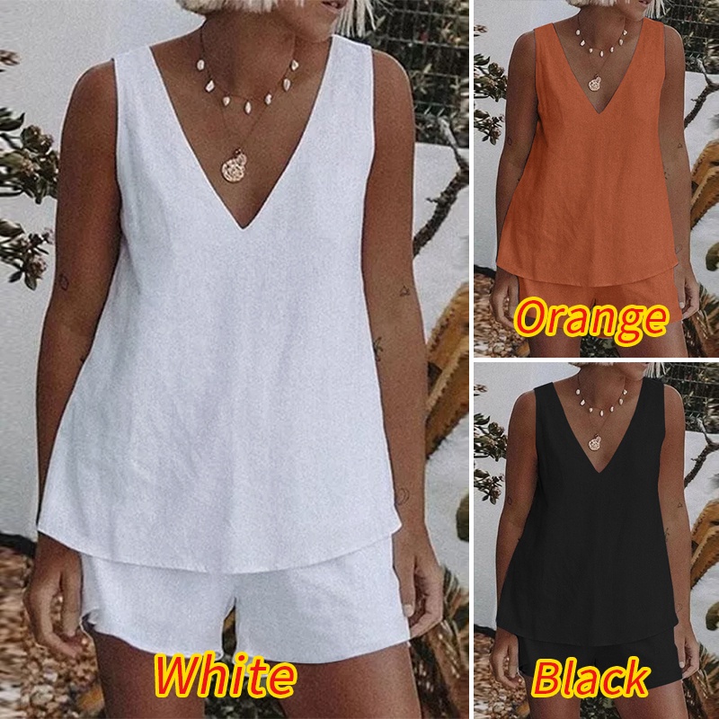 Bộ đồ nữ ZANZEA với áo blouse không tay cổ V và quần short co giãn màu trơn thời trang