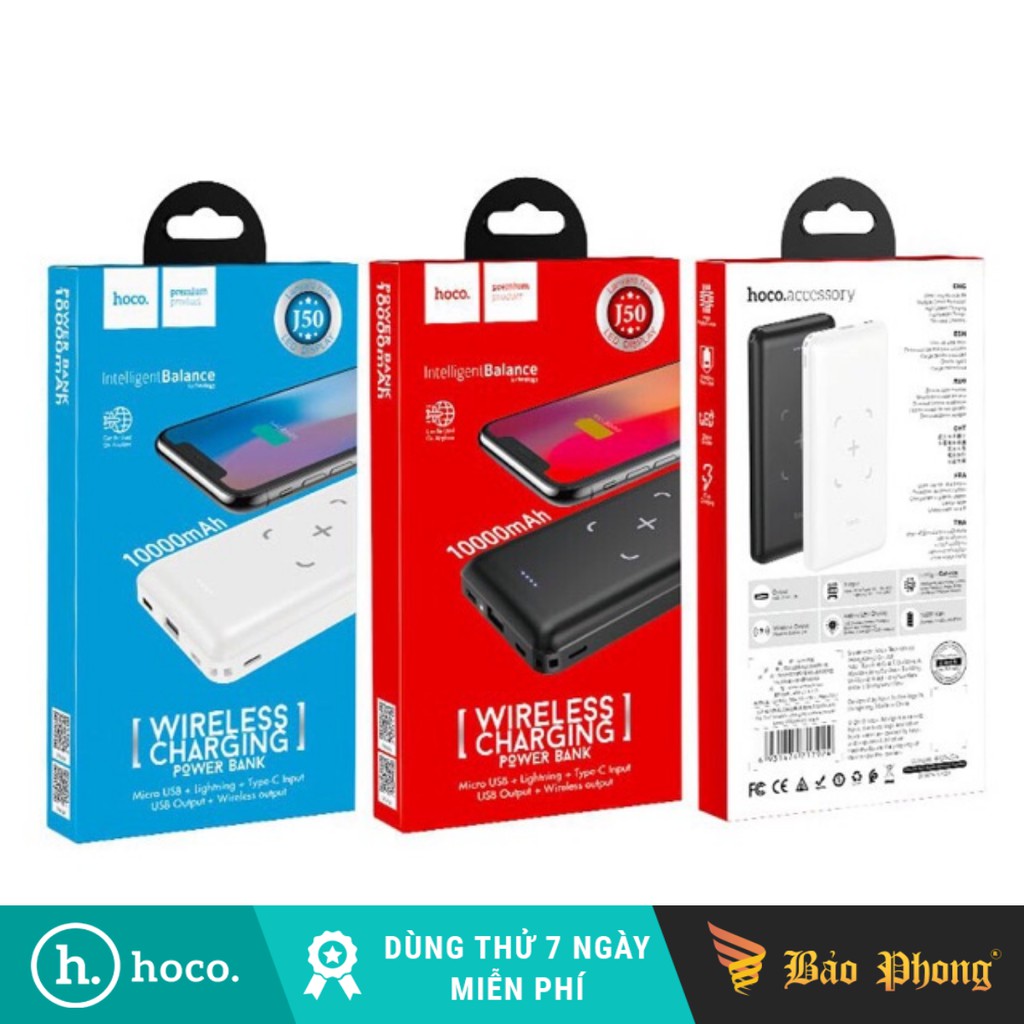 Pin dự phòng HOCO J50 kiêm sạc không dây 10000mAh Dành cho điện thoại i-Phone iP Huawei Samsung Oppo Realme