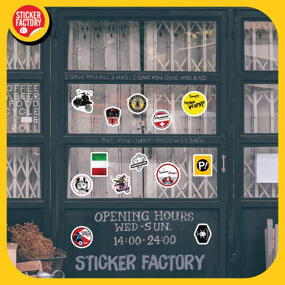 Vespa - hộp set 100 sticker decal hình dán nón bảo hiểm , laptop, xe máy, ô tô - STICKER FACTORY