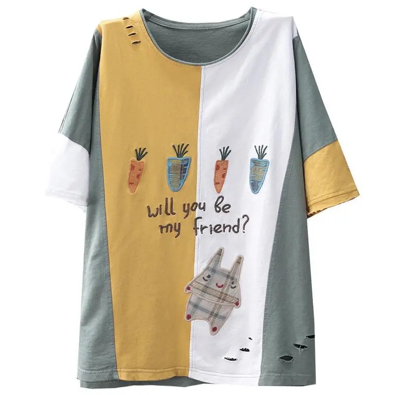 Áo Thun Cotton Nguyên Chất Dáng Rộng Tay Ngắn Cổ Tròn In Họa Tiết Màu Sắc Thời Trang Mùa Hè Phong Cách Hàn Quốc Cho Nữ C8581