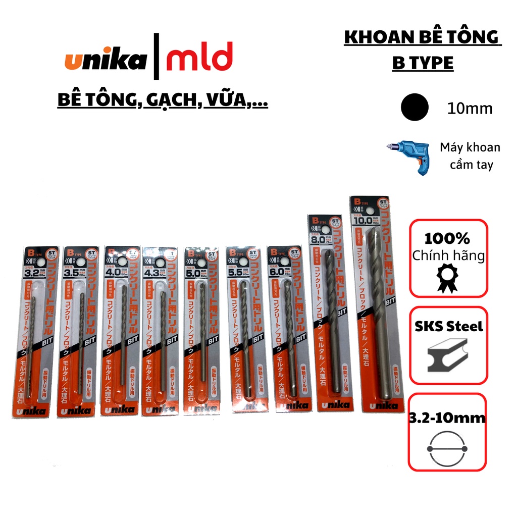Mũi khoan tường, bê tông Unika chân tròn mã B (D=3~10mm)