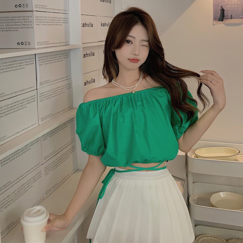 Áo Crop Top Tay Ngắn Trễ Vai Màu Sắc Trơn Phong Cách Hàn Quốc Quyến Rũ Dành Cho Nữ