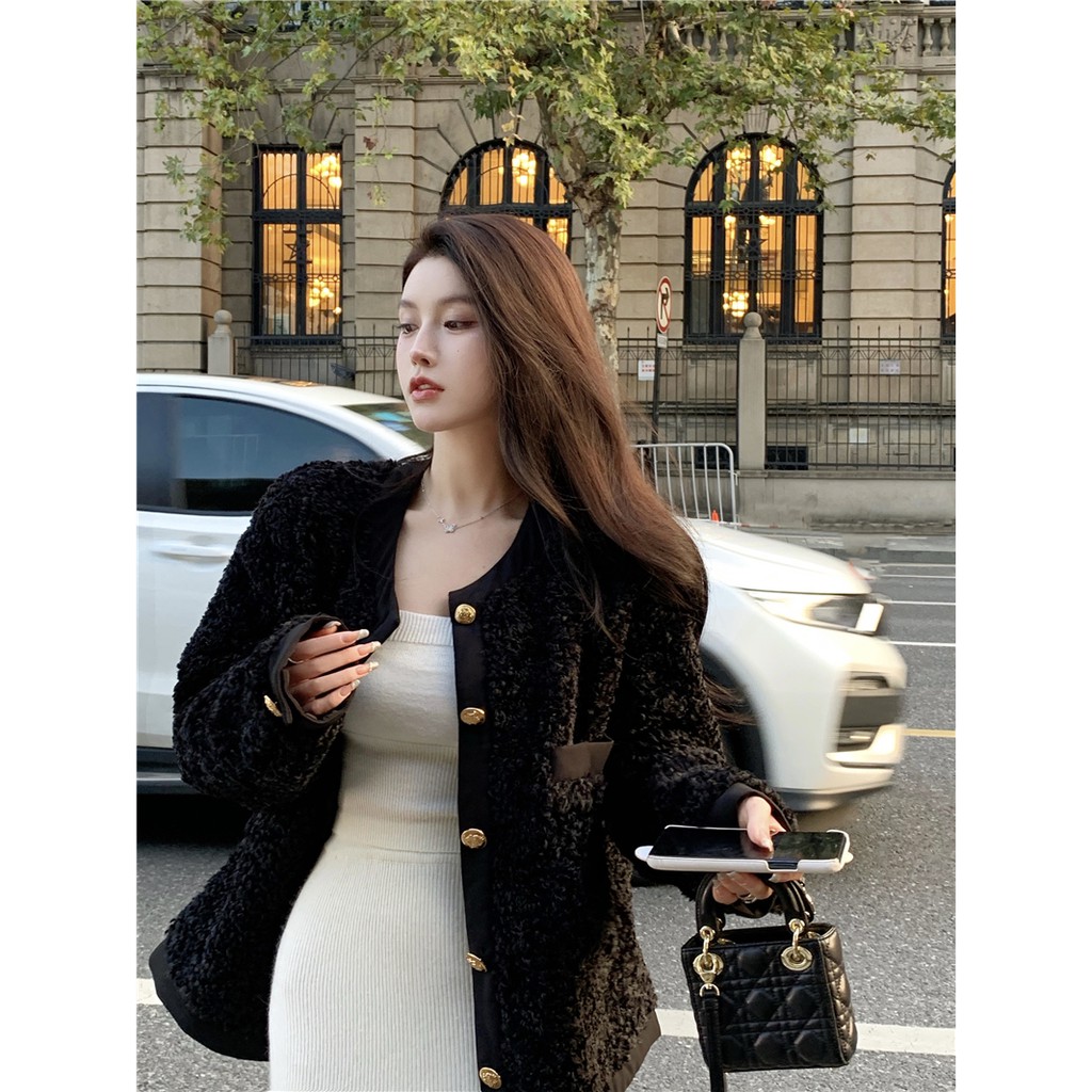 Áo khoác lông cừu nữ hàng Quảng Châu cao cấp phong cách sang chảnh thanh lịch thu đông đầu xu hướng