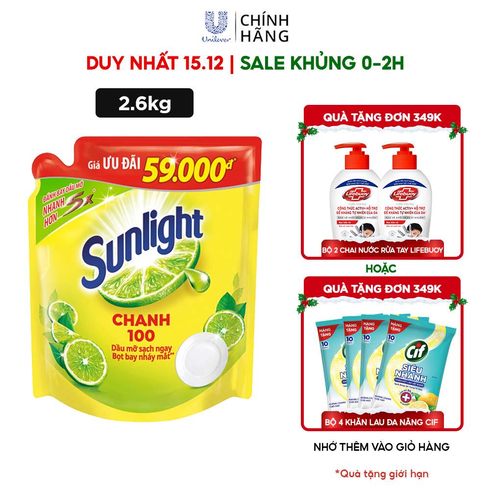 Nước rửa chén sunlight chanh mới sạch nhanh xả bọt nhanh túi 2.6kg