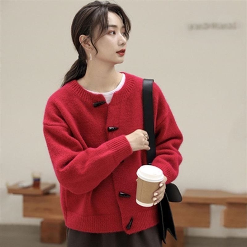 Áo khoác Cardigan dệt kim dáng rộng phối nút sừng phong cách Hàn Quốc thời trang mùa thu mới
