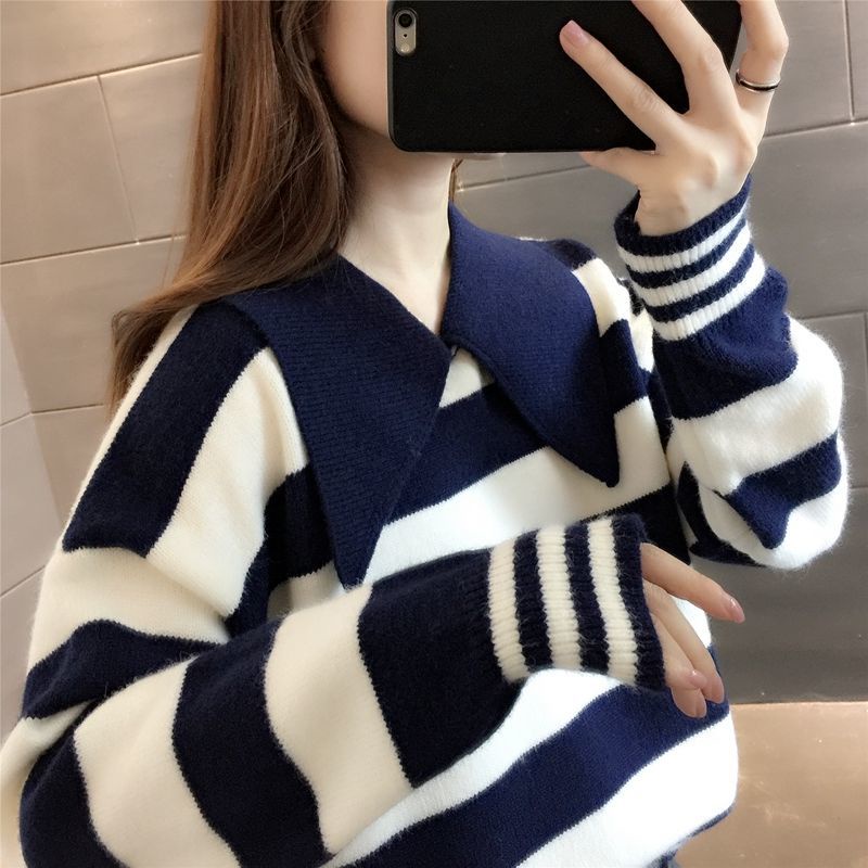 Áo Sweater Cổ Bẻ Dáng Rộng Họa Tiết Kẻ Sọc Thời Trang Mùa Đông 2022 Mới Trẻ Trung Cho Nữ