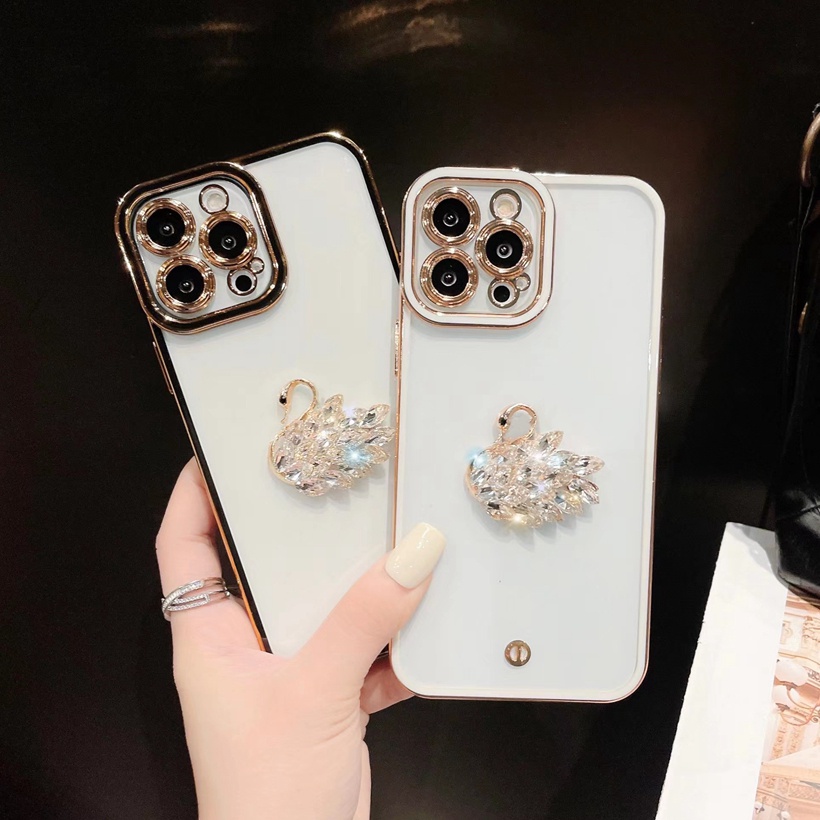 Ốp Điện Thoại Mềm Trong Suốt Mạ Điện Đính Đá Hình Thiên Nga Cho iPhone 14 13 12 11 Pro Max X XS XR SE 2020 7 8 Plus