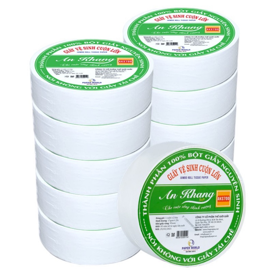 Giấy vệ sinh cuộn lớn AN KHANG SOFT AKS700, 100% bột giấy nguyên sinh, dùng trong nhà vệ sinh, hai lớp 700gr - 10 cuộn