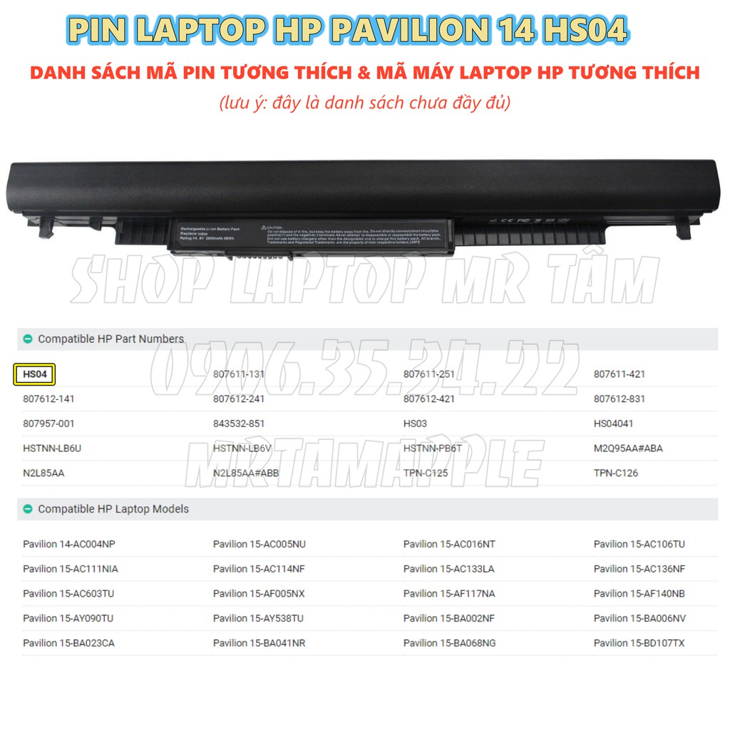 PIN LAPTOP HP PAVILION 14  - 4 CELL dành cho HP HS03 240 G4 245 G4 250 G4 255, Pavilion 14-ac000 14-af000 14-am000