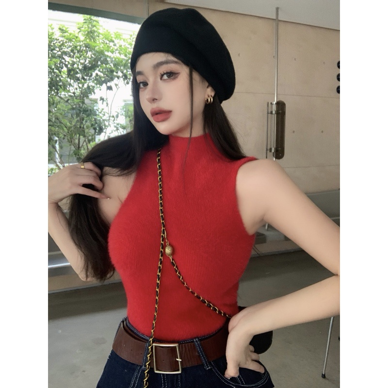 Áo Dệt Kim Sát Nách Cổ Cao Thời Trang Mùa Thu Quyến Rũ