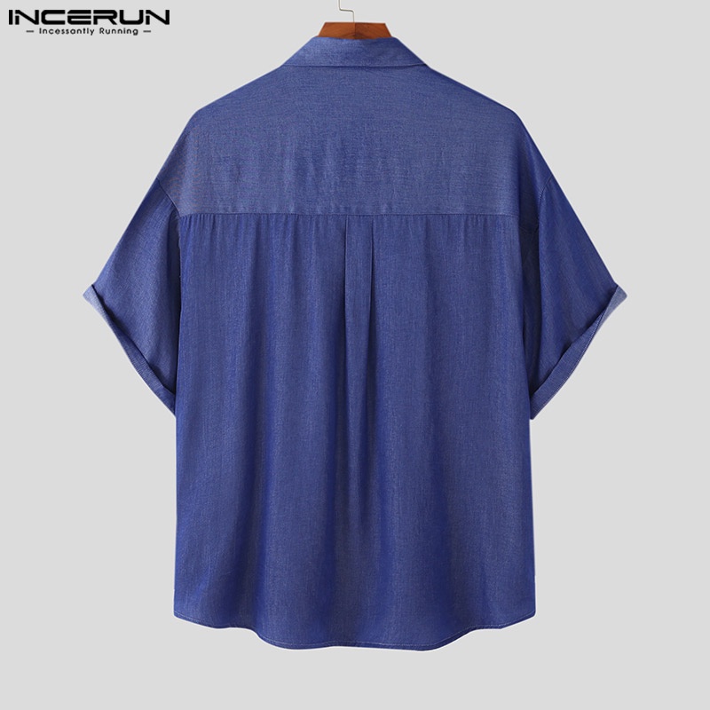 Áo sơ mi INCERUN denim tay ngắn phối nút cài trẻ trung thời trang dành cho nam