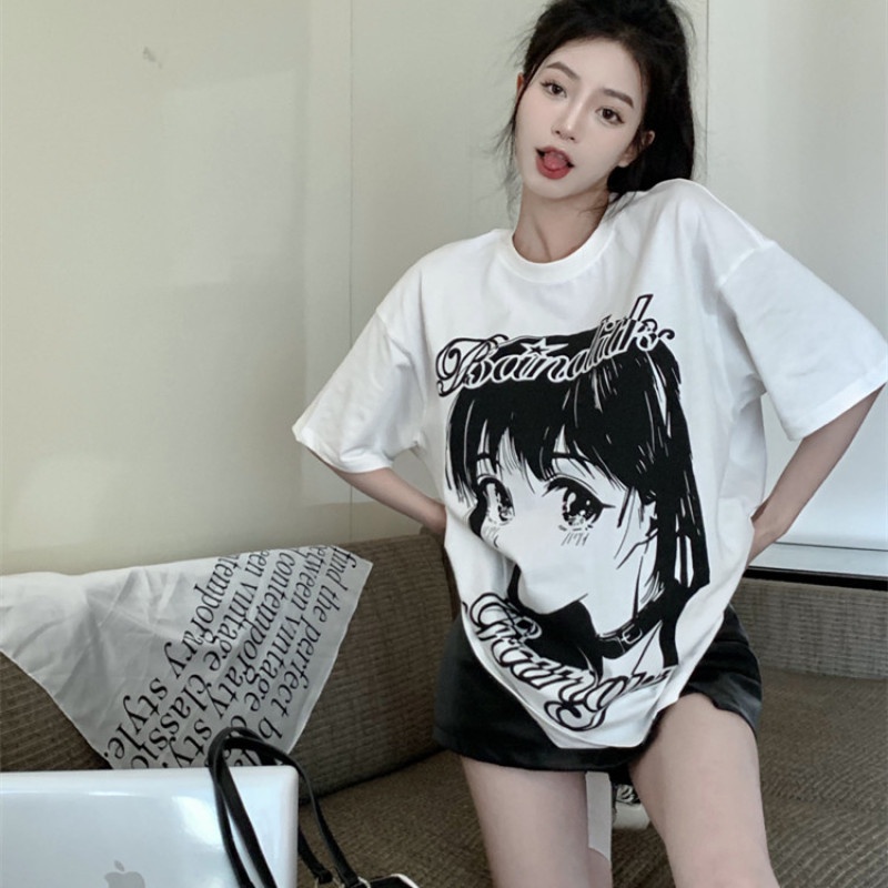 Áo Thun Nữ Tay Ngắn Dáng Rộng In Hình Chân Dung Anime Dễ Thương