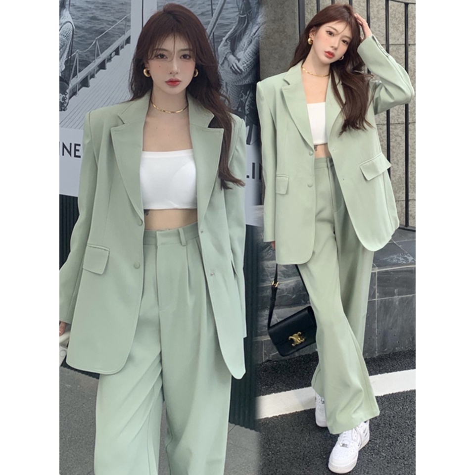 (Sẵn Kaki-M)Ảnh thật 3 hình cuối-HC900.Set đồ nữ Áo khoác vest blazer kèm quần Tây ống rộng thời tra