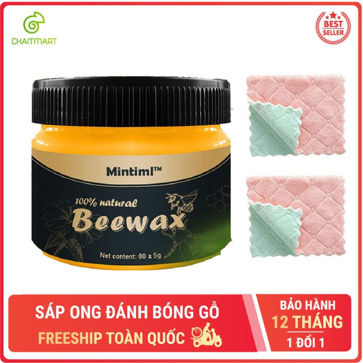 Sáp ong Beewax vệ sinh đánh bóng đồ gỗ nội thất chống thấm thành phần tự nhiên 80gr tặng kèm 2 khăn vải Chammart