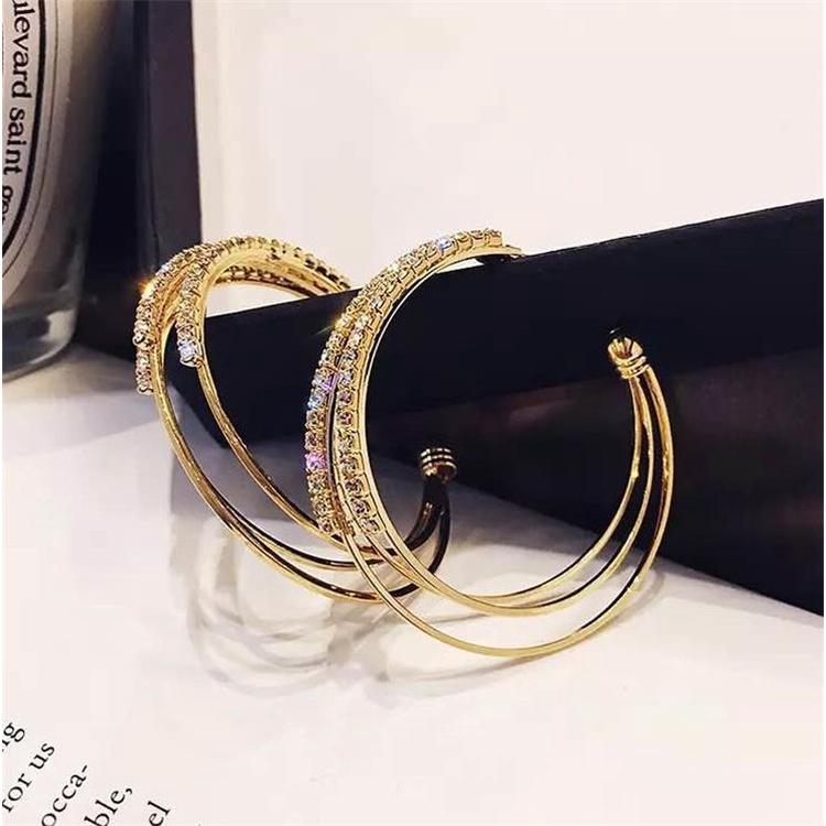 Bông Tai Mạ Bạc 925 Hình Tròn Lớn Đính Kim Cương Phong Cách Hàn Quốc Thời Trang Cho Nữ