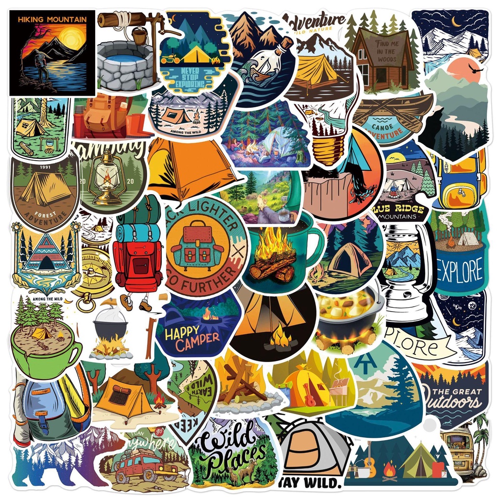 50 tấm dán Sticker Camping cắm trại ngoài trời phong cảnh không thấm nước dán laptop, nón bảo hiểm, xe, điện thoại, vali