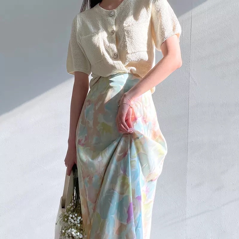 (Có sẵn) Set áo len mỏng + chân váy hoa pastel hàn quốc (có bán rời)