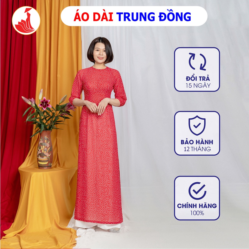 Áo dài hoa nhí chất liệu lụa 2 tà chấm bi cổ tròn | Áo dài trung đồng