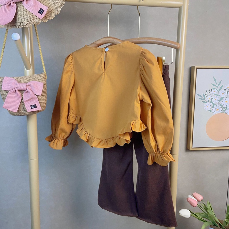 Bộ Áo Tay Dài In Hoa + Quần Ống Loe Xẻ Tà Phong Cách Hàn Quốc Thời Trang Mùa Thu Cho Bé Gái