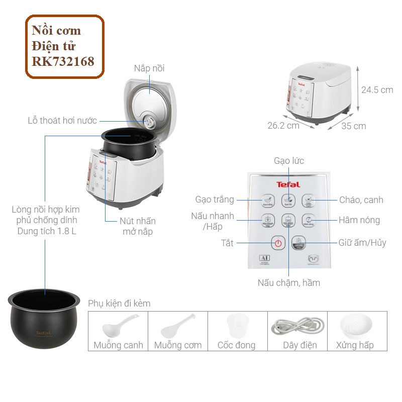 Nồi cơm điện tử Tefal 1 lít - 1.8 lít có xửng hấp, Nồi cơm điện cao tần lòng nồi niêu 4 - 6 lớp - HAPOS