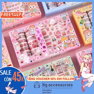 Hộp Sticker Cute, Washi Tape Sticker Cô Gái kute Set 10 Washi tape 10 Stickers Trang Trí Sổ Tay