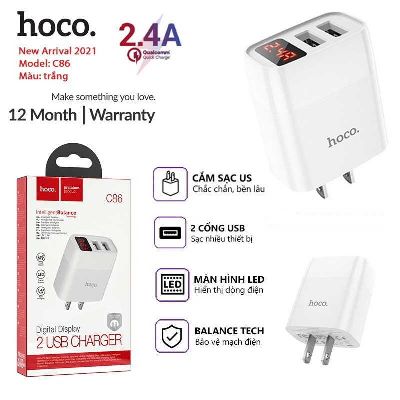 Củ Sạc Hoco C86 gồm 2 cổng USB với đèn LED hiển thị điện áp, công nghệ MỸ dòng áp 5V-2.4A max 12W