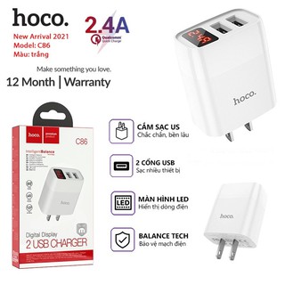 Củ sạc nhanh iPhone Hoco C86 / C86A, cốc sạc nhanh Samsung có 2 cổng USB với đèn LED báo, dòng áp ra 5V-2.4A max 12W