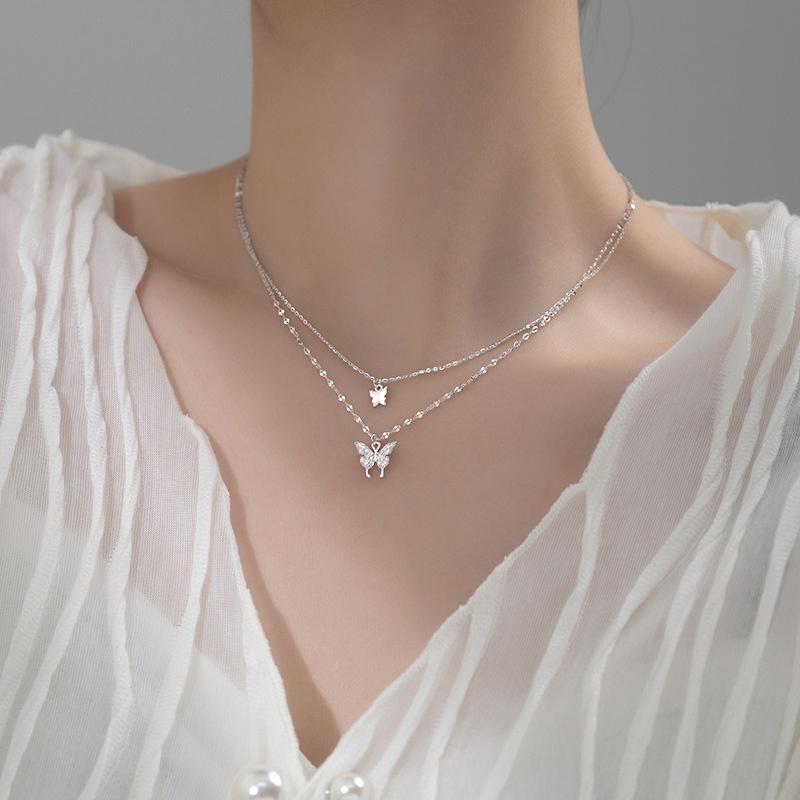 Vòng cổ mạ bạc We Flower hai lớp mặt hình bướm đính đá pha lê tua rua xinh xắn cho nữ