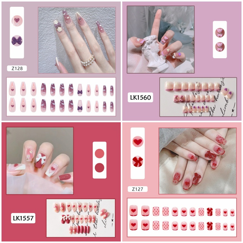 Bộ 24 Móng Tay Giả Trái Tim Đính Nơ Thời Trang Kèm Keo Dán
