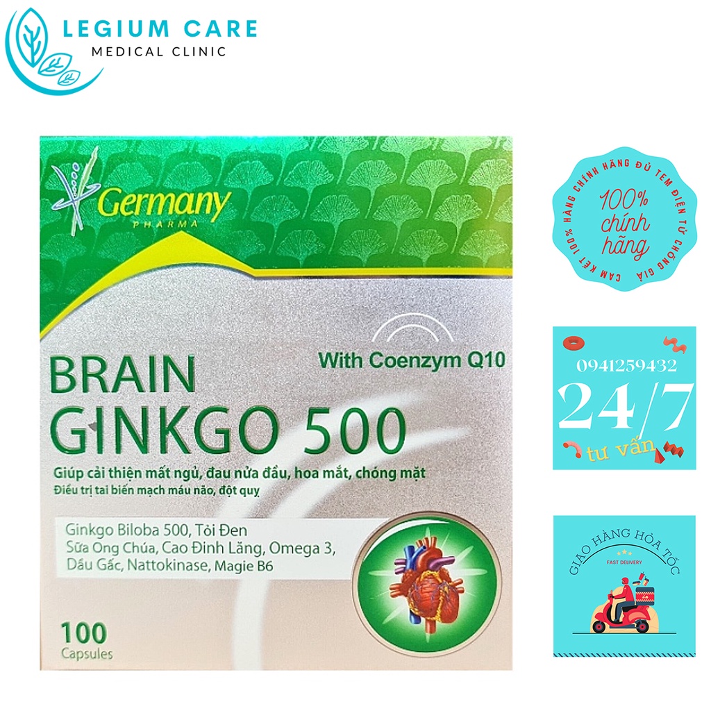 Hoạt huyết dưỡng não BRAIN GINKGO 500 - giúp hoạt huyết ,tăng cường lưu thông máu lên não - Hộp 100 viên