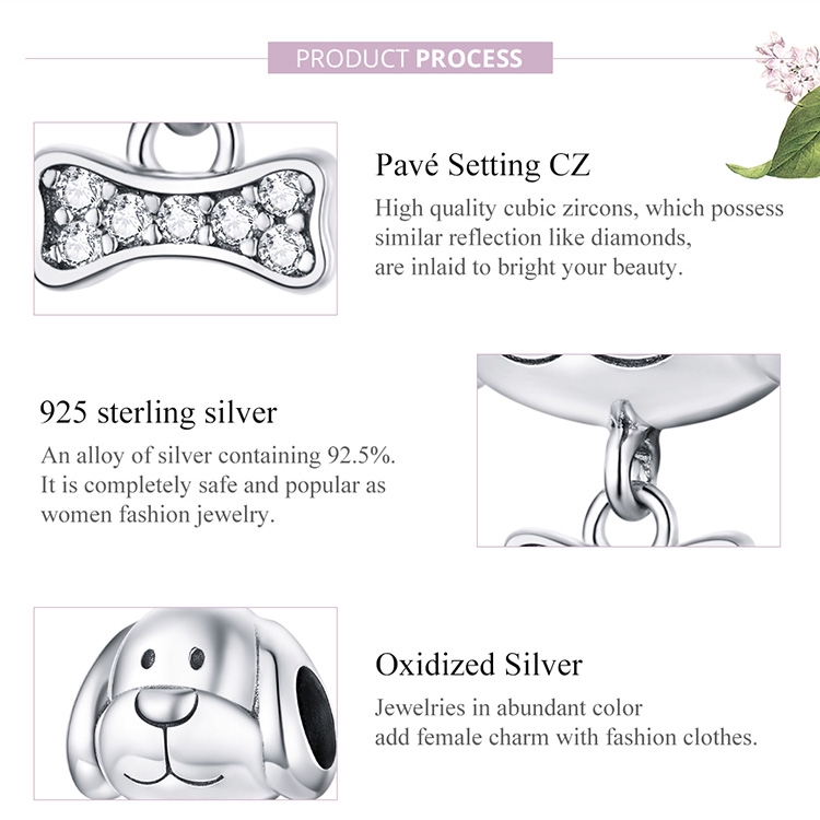 Hạt xâu trang sức Bamoer BSC244 bằng bạc Sterling 925 hình chú cún và xương dùng làm trang sức vòng tay cho nữ