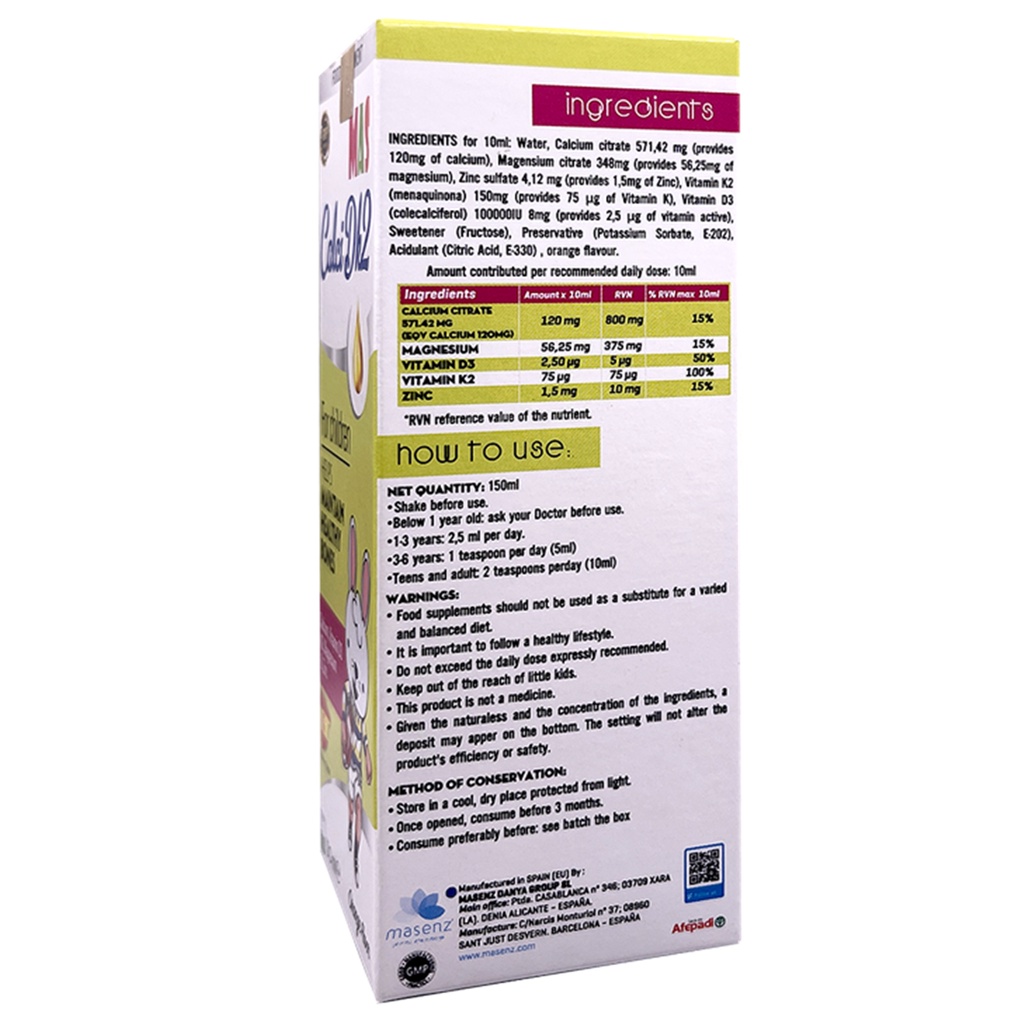 BỔ SUNG CANXI VITAMIN D3 VÀ KẼM MAS CALCI DK2 150ml