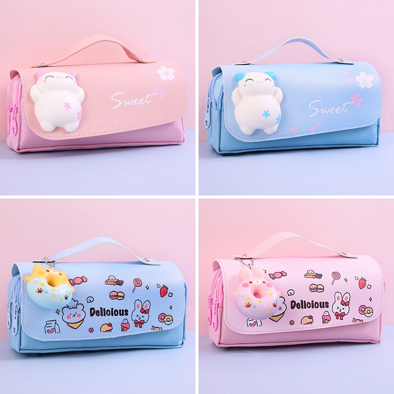 Túi Đựng Bút Canvas Hàn Quốc Sức Chứa Lớn Dễ Thương Có Đồ Chơi Squishy Cho Bé