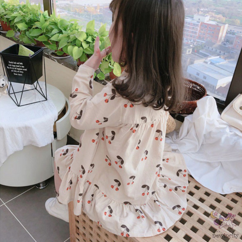 Đầm bé gái tay dài in trái cherry xinh xắn phong cách Hàn Quốc