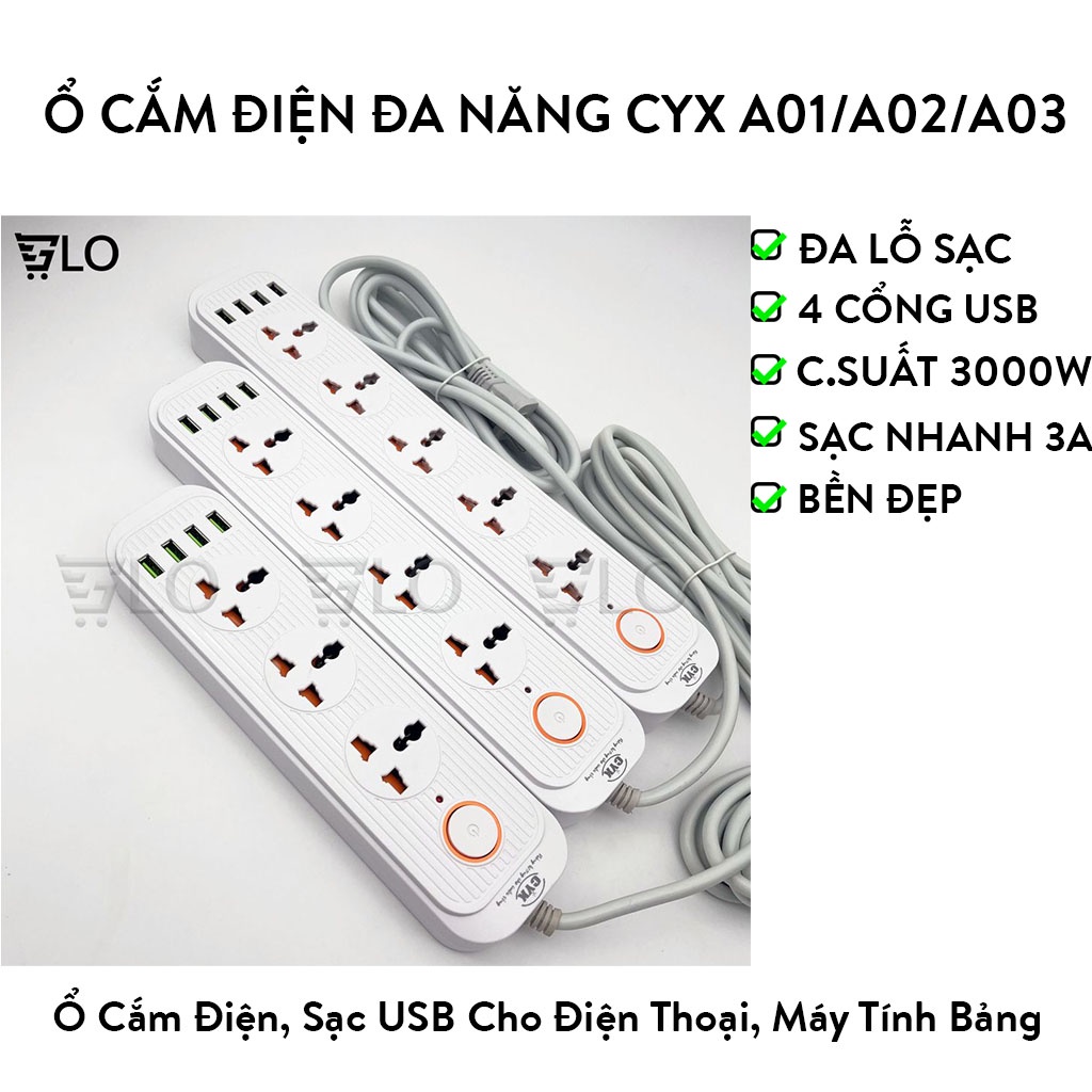 Ổ Cắm Điện CYX A01 A02 A03 Tích Hợp 4 Cổng USB Sạc Nhanh, Đa Ổ Cắm, Dây Dài 2m, Công Suất 3000w