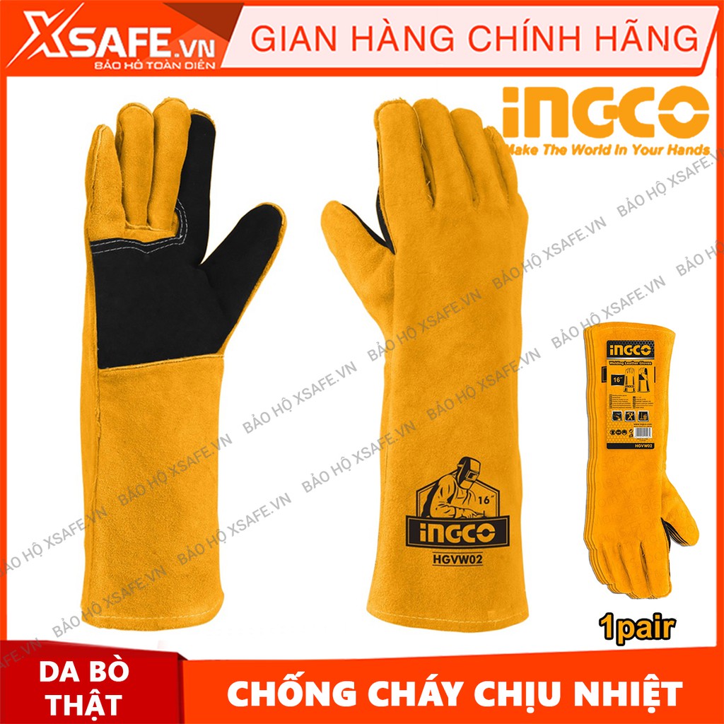 Găng tay hàn INGCO HGVW02 16&quot; bao tay da hàn bảo hộ lao động da bò thật chịu nhiệt hàn tig mềm mại