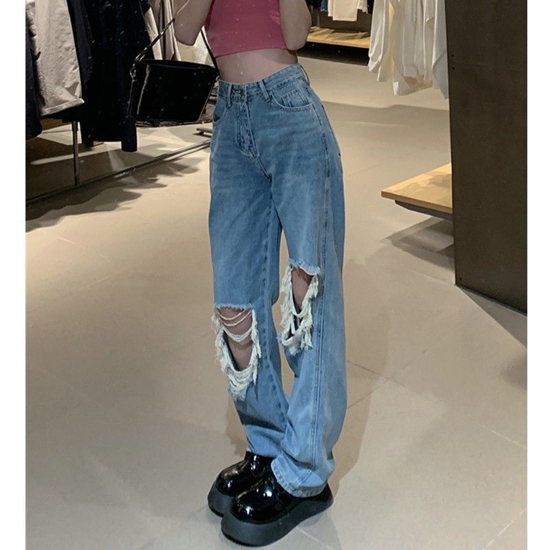 ☃■❧Quần Jean Dài Ống Rộng Lưng Cao Phối Rách Kiểu Retro Cỡ Lớn 2022 Thời Trang Mùa Hè Cho Nữ