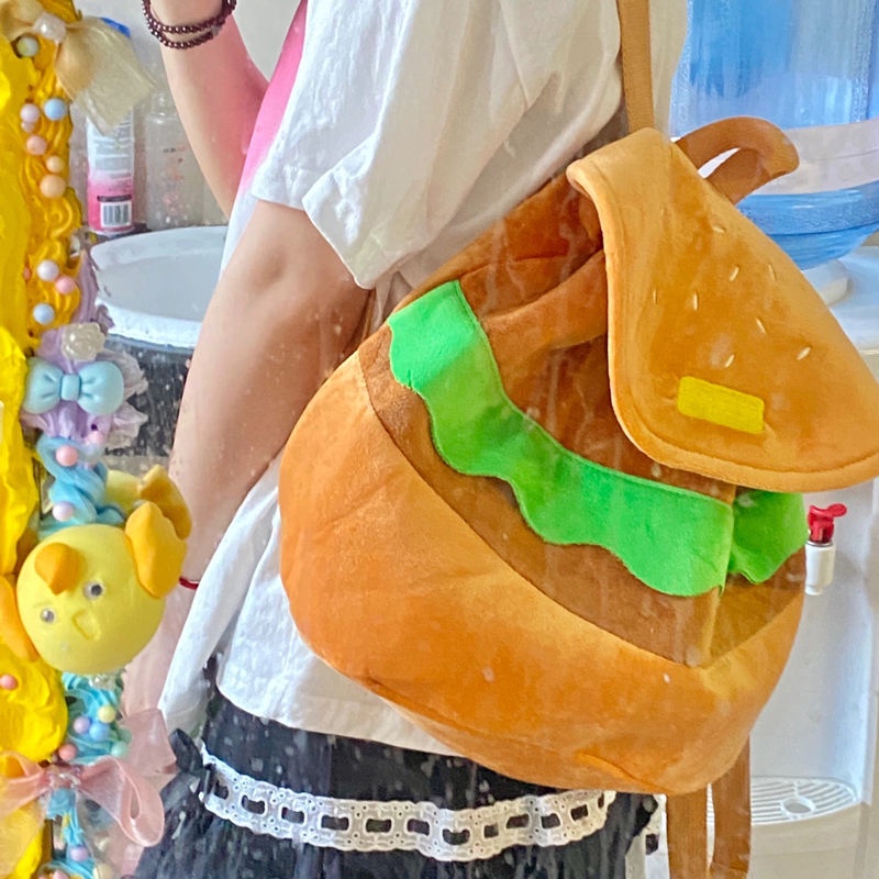 Ba Lô Đi Học Màu Trơn Cỡ Lớn In Hoạt Hình Hamburger Dễ Thương Cho Nữ