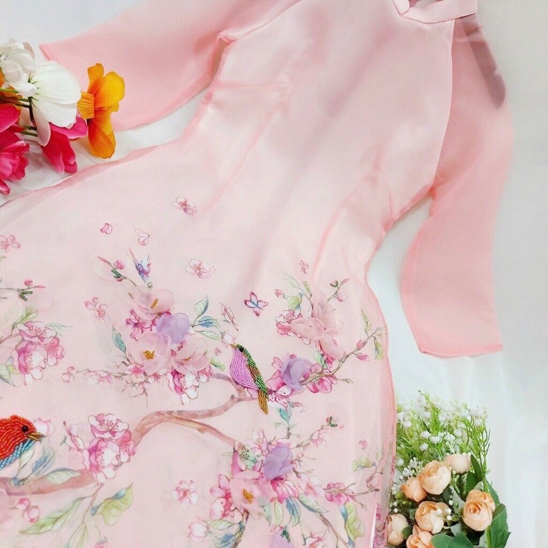 Áo Dài Cách Tân Hoa Đào Đính Kết Cao Cấp
