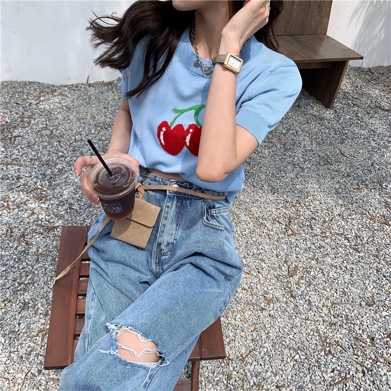 Áo thun ZHELIHANGFEI dệt kim lụa băng in họa tiết cherry phong cách đường phố ngọt ngào