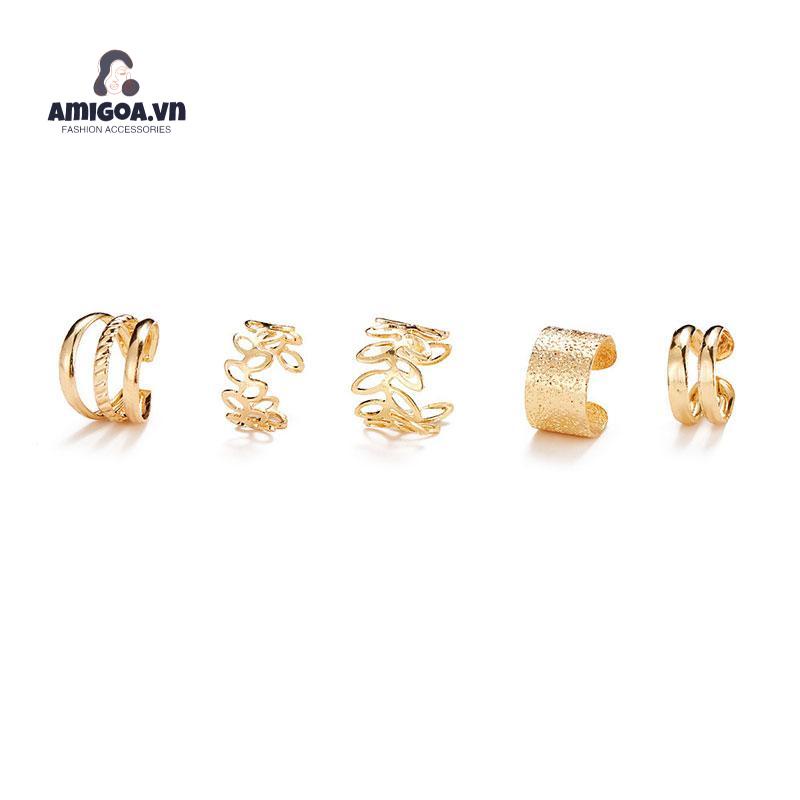 【amigoa.vn】Bộ Khuyên Tai Kẹp Vành Tai Không Cần Xỏ Lỗ Nhiều Lớp Hình Lá Rỗng Nhiều Lớp