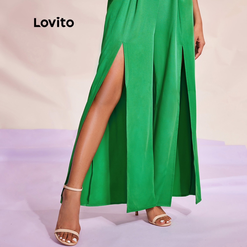 Lovito STIPPLING WORLDBộ áo liền quần cut out không đối xứng hở lưng thắt lưng L28LE057 (Xanh)