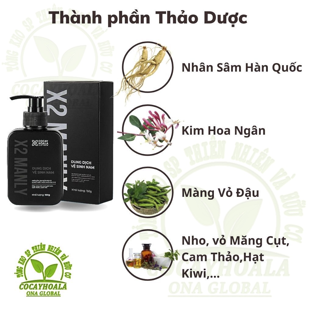 Dung Dịch Vệ Sinh Nam X2 Manly Gel vệ sinh nam cỏ cây hoa lá làm sạch tức thì Lưu hương 24h chai 150g Cocayhoala