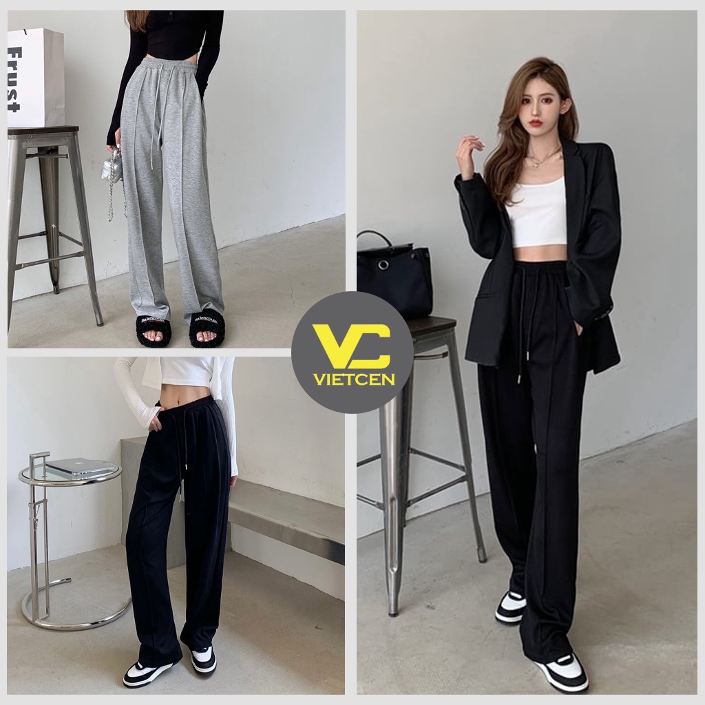 Quần Nữ Thun Trơn Bo Tăm Form Rộng VIETCEN Quần Ống Rộng Lưng Cao Ulzzang